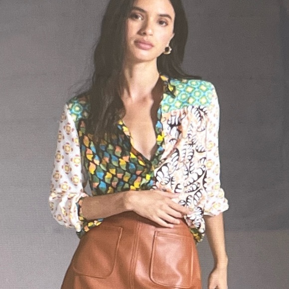 ANTHROPOLOGIE MAEVE CONTRAST BUTTONDOWN SHIRT SIZE XXSP MULTICOLOR NWT - Picture 1 of 16